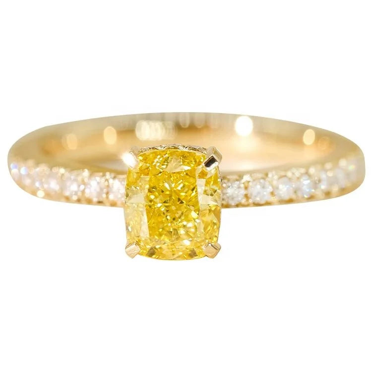 RUYI Fine Jewelry Customization Engagement Yellow Crushed Ice Fancy Vivid Yellow Cushion 1ct 18K Diamond Wedding Gold Rings