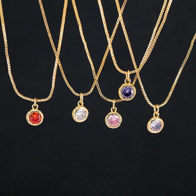 NZ1411 Simple Dainty 18k Gold Plated Multicolored Crystal Cubic Zirconia CZ Diamond Round Solitaire Charm Pendant Chain Necklace