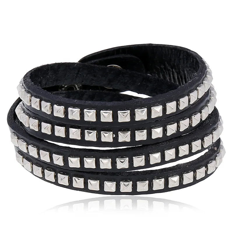 Trendy 4 Rows Cow Genuine Leather Cuff Bracelet with square Rivets