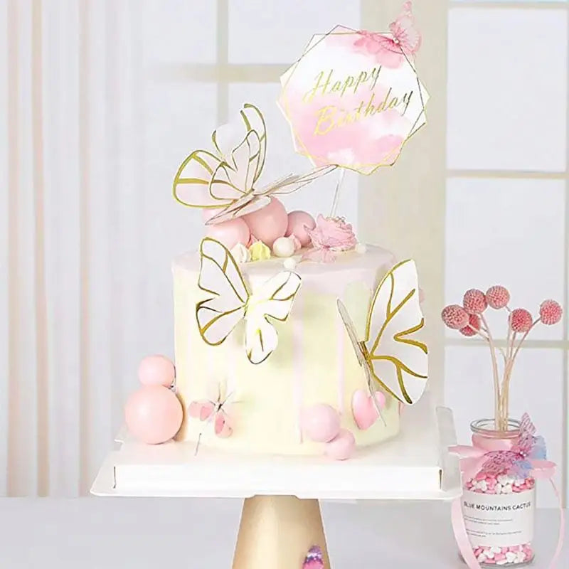 6pcs Sweet Pink 3D Butterfly Cake Topper Set Happy Birthday Decoration Supplies for Girl  Women