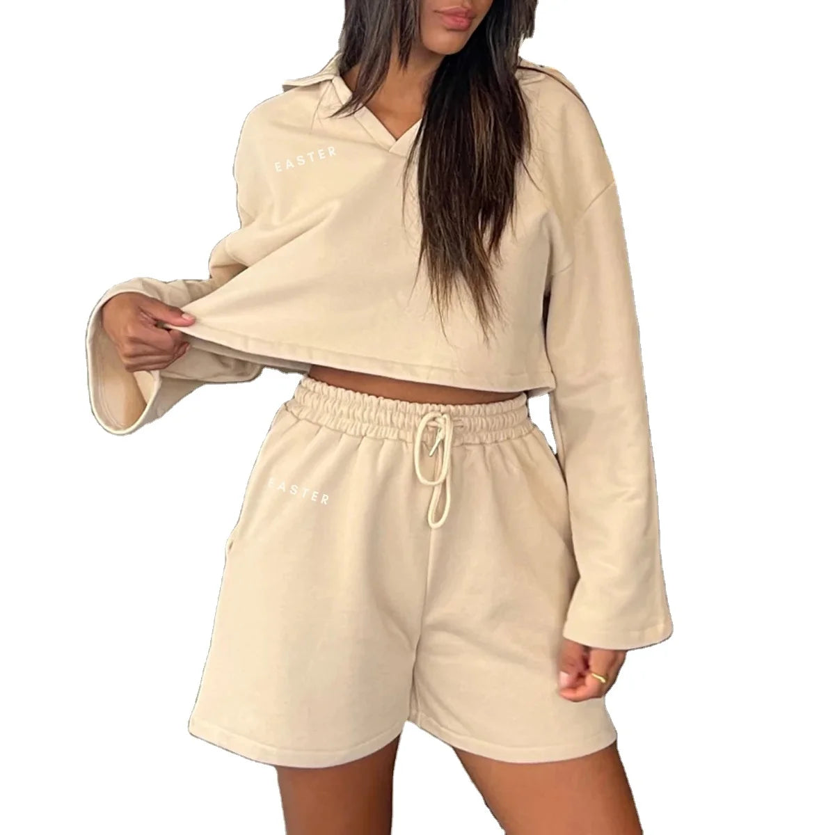 Cotton Long Sleeve Womens Hoodie and Jogger Set High Quality Blank Hoodie Shorts Two Piece Set Women Clothing