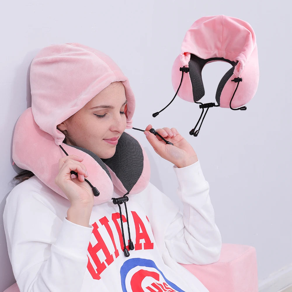 Fast Shipping New Fashion Neck Pillow with Hoodie for Car Airplane Travel Neck Pillow Memory Foam U Shape Neck Support Pillow
