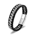 Stainless Steel Handmade Genuine Leather Bracelet Engraved Logo Charm Black Silver Leather Wrap Bangle OT-212