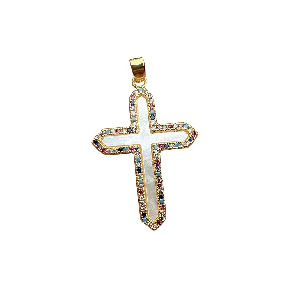 Wholesale Custom Zircon Natural Sea Shell Cross Pendants Metal Nacre Necklace Charms for Jewelry Making DIY Accessories Material