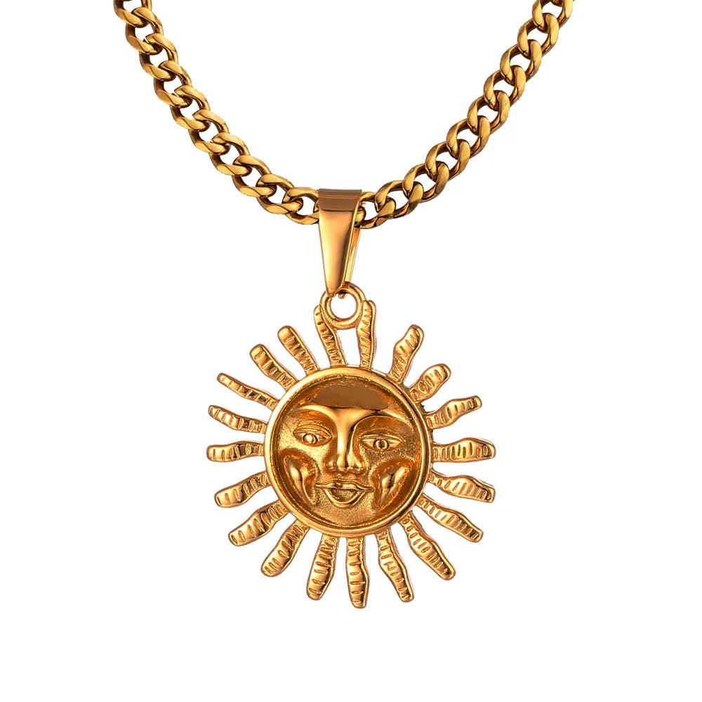 China Factory 316l Stainless Steel Jewelry Smile Face Cuban Chain Sun Necklace 18k Gold Plated Women Boho Sunshine Necklace