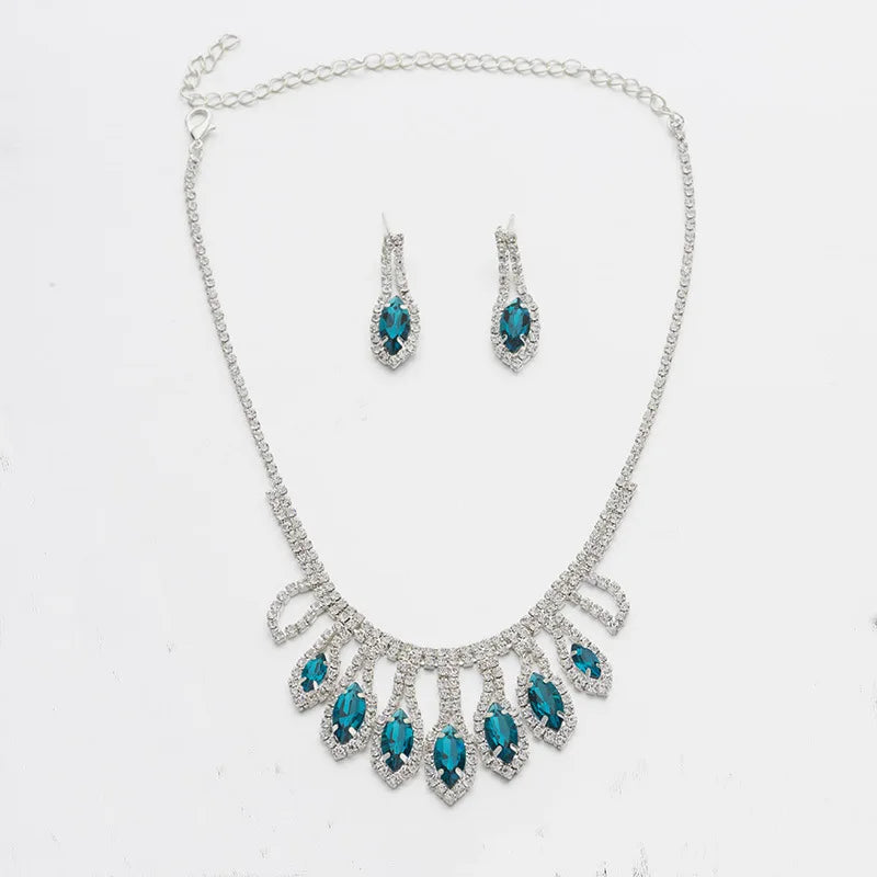 Vintage Silver Jewelry Set for Women Marquise Loop Wedding Rhinestone Necklace and Earrings for Parties