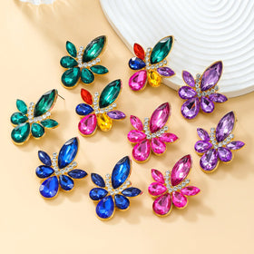 2024 New Arrival Fashion Jewelry Crystal New Colorful Diamond Earrings Full Rhinestone Small Leaves Flower Gold Stud Earrings