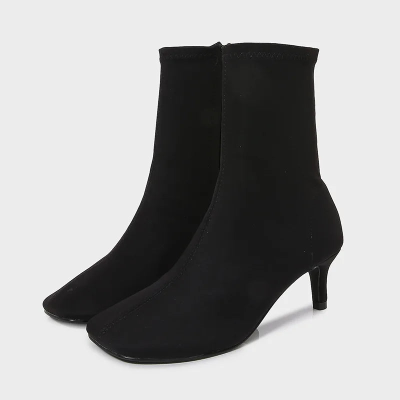 Autumn New Women's Shoes Black square Toe Stretch Stiletto Heels Fashion Boots Skinny Boots Socks Boots