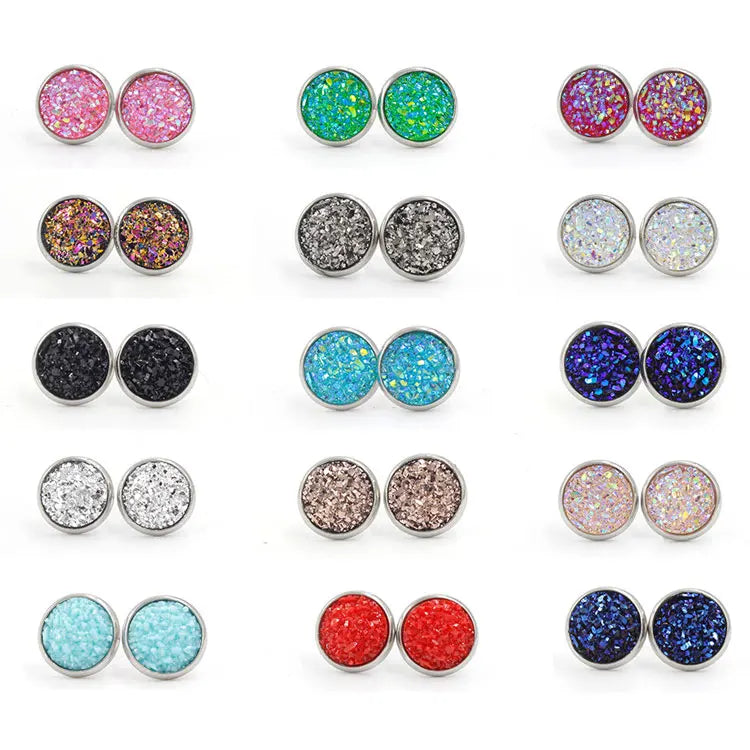 Wholesale Handmade Resin Time Gem Earrings Women Fashion 10mm Cabochon Stainless Steel Flashing Drusy Stud Earrings for Girls