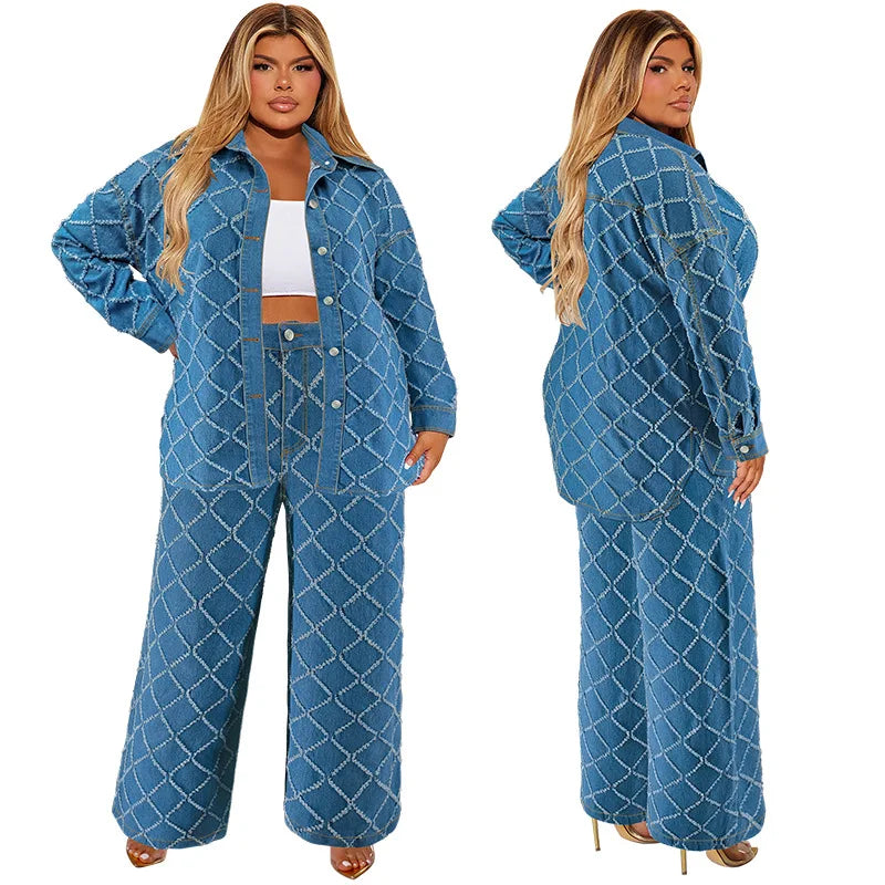 Y218552 High Quality Plus Size Women Denim Sets Long Sleeve Denim Jacket and Jeans Pants Two Piece Set Women Clothing