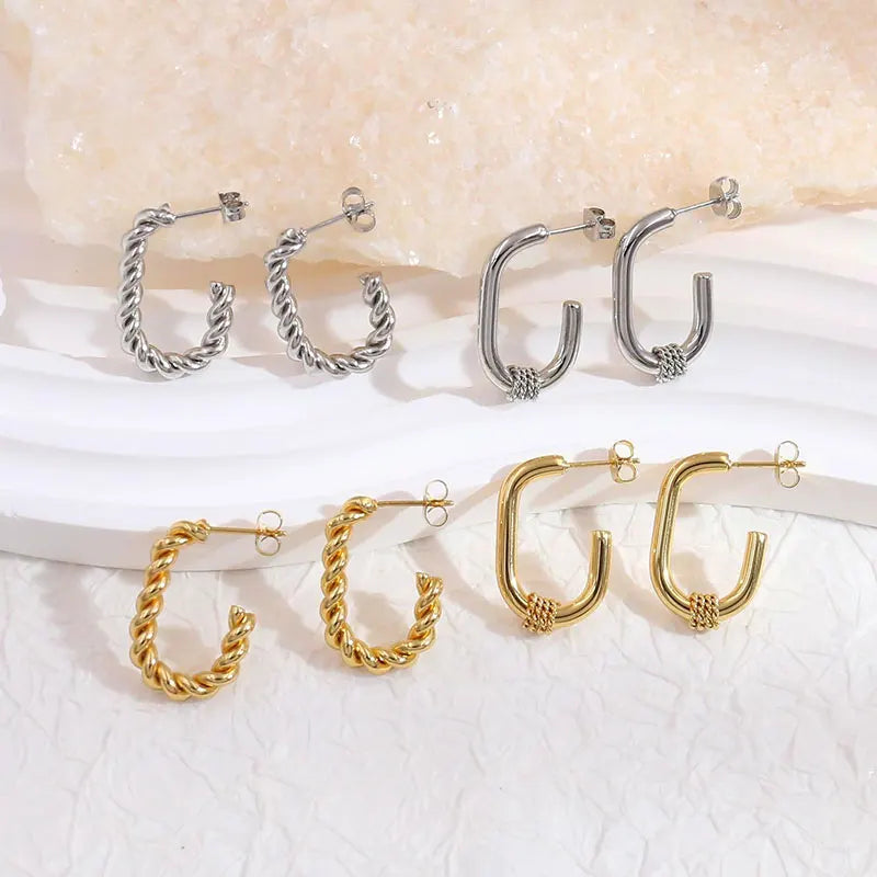 18K Gold Plated C Shape Hoop Earrings Wholesale Stainless Steel Half Oval Huggie Earrings Twist Stud Earrings for Women