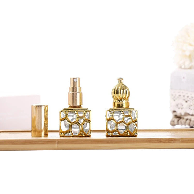 10ml Golden Arabian Oud Attar Perfume Oil Water Cube Fancy Glass Bottle with Roller Ball Stick and Spray Roll on Sealing Type