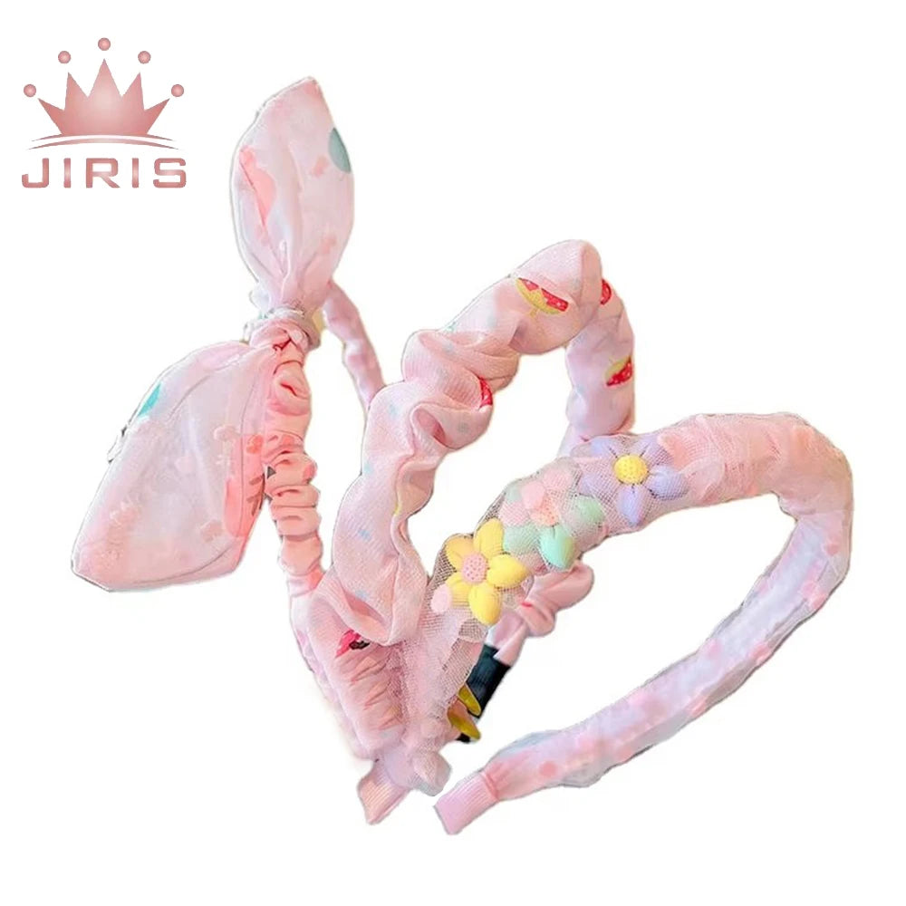 JIRIS 3 Pcs/set Children Color Printed Lattice Stripes Hair Hoop Hairbands Girls Lovely Bow Ears Headbands Kids Hair Accessories