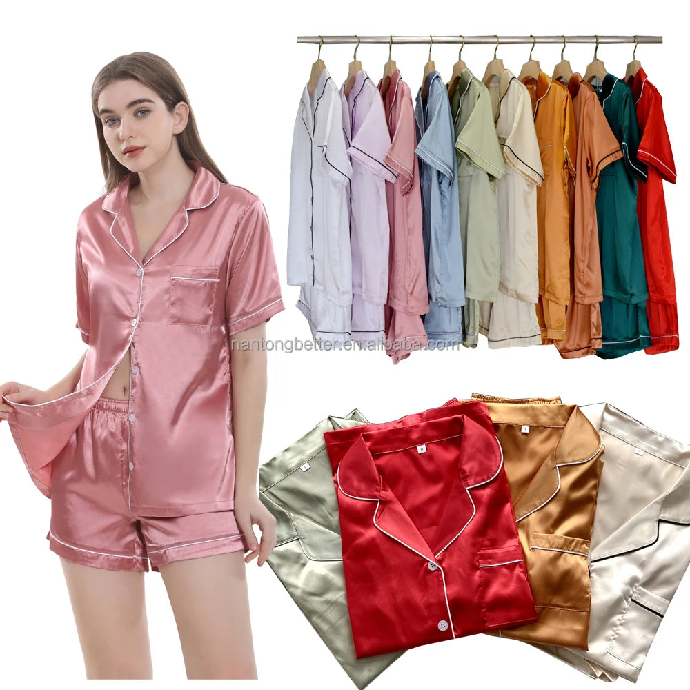 Summer Autumn Spring Solid High Quality Ready to Ship Short Sleeves with Shorts Women Silk Satin Pyjamas Set Sleepwear