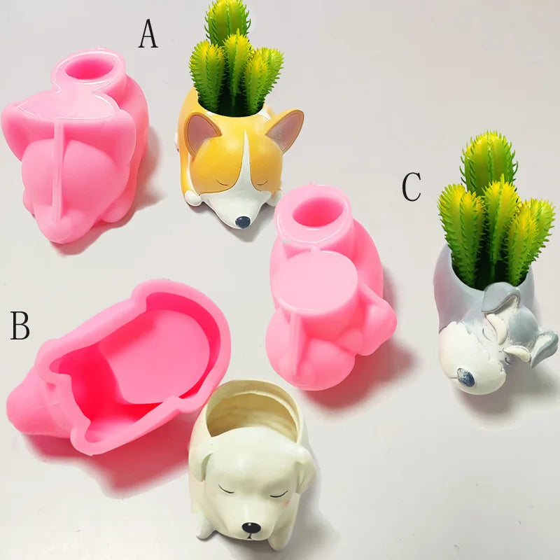 Early Riser Animal Puppy Small Dog Shape Vase Concrete Cement Flower Pots Planters Silicone Mold Home Decor Mouldings