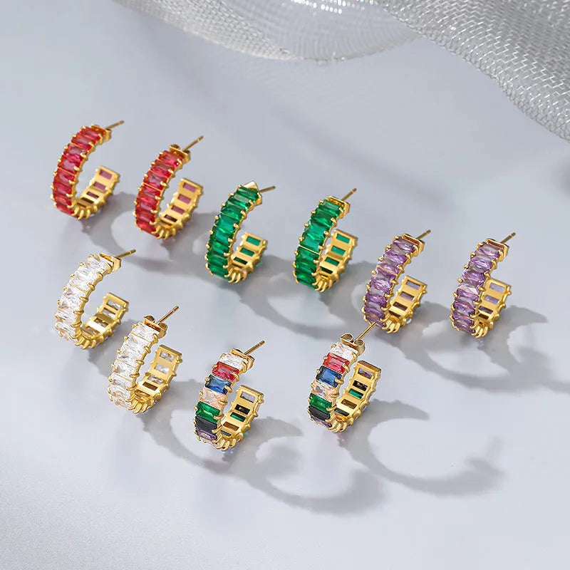 High Quality New Fashion Design Classic Gold Plated Coloured Diamond Stainless Steel Hoop Earring for Women A-477
