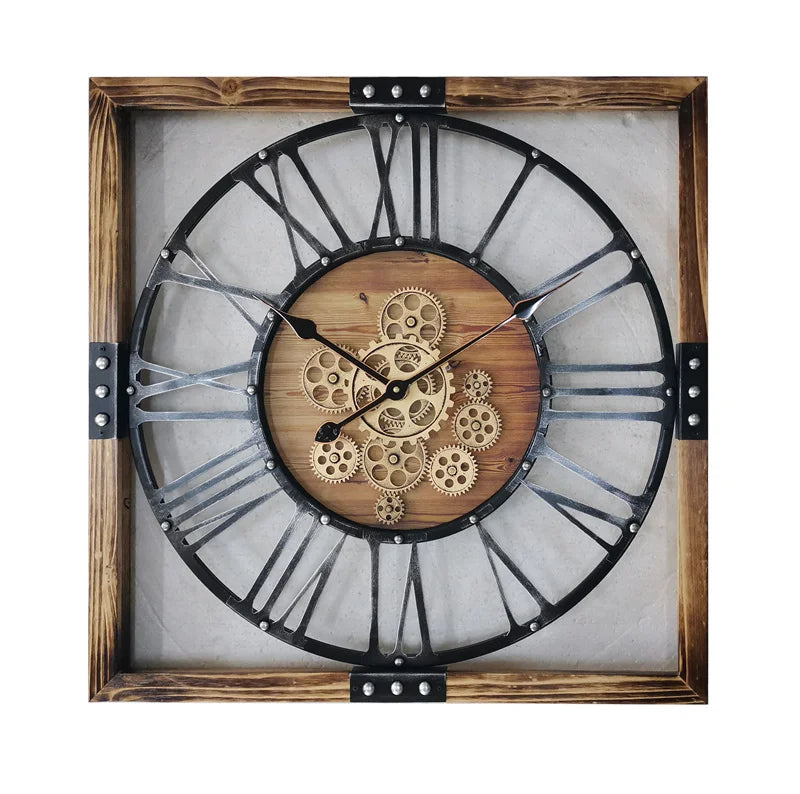 INFINITY TIME 27inch 68cm Oversize Large Industrial Moving Gears square Wooden Wall Clocks for Home Decor Farmhouse Living Room
