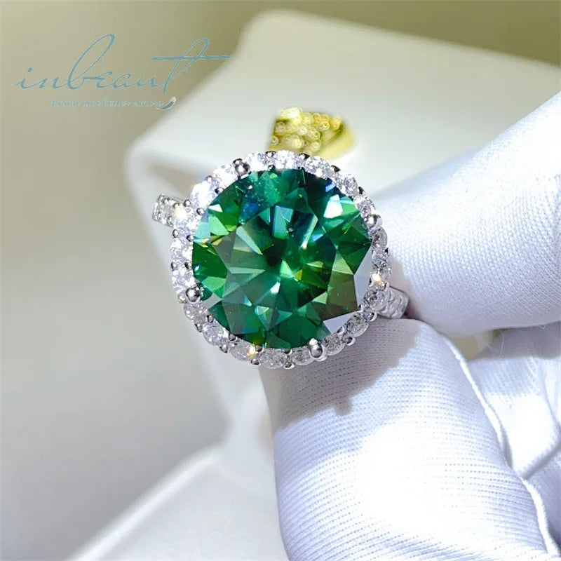New Arrival 925 Silver 10 Carat Round Brilliant Cut Pass Diamond Test Sparkling Green Moissanite Ring for Women Fine Jewelry