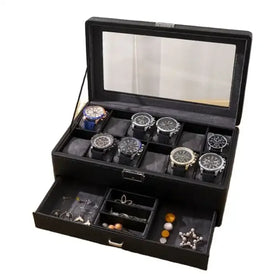 12 Watch Slot Combined Eco-Friendly Dustproof Black PU Leather Suede Interior Rectangle Shape Men Watch Jewelry Box with Drawer