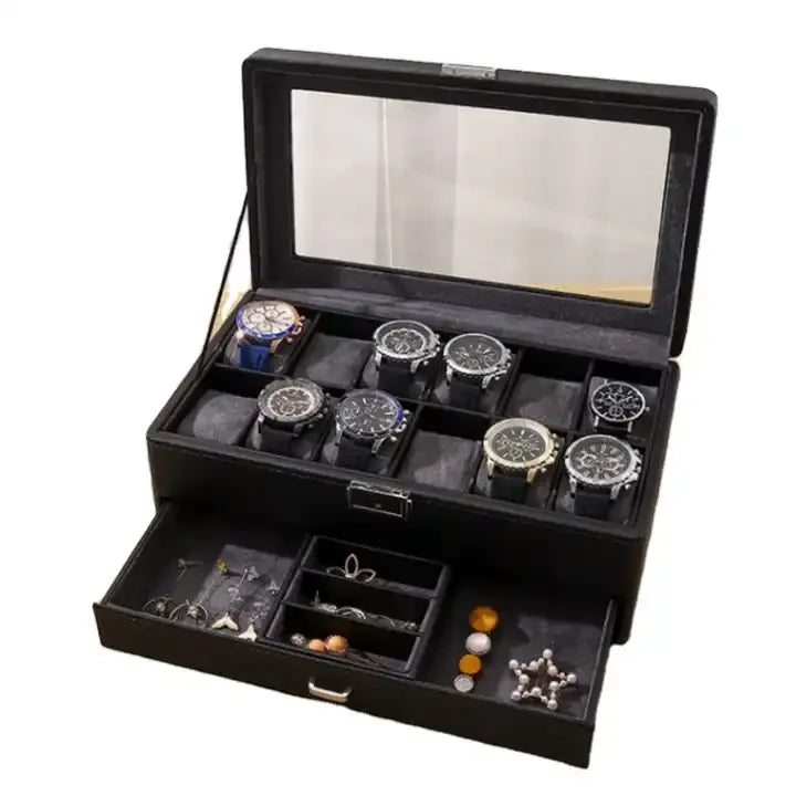 12 Watch Slot Combined Eco-Friendly Dustproof Black PU Leather Suede Interior Rectangle Shape Men Watch Jewelry Box with Drawer