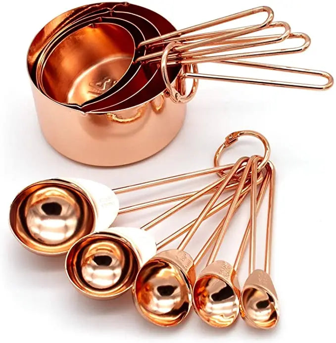 10 Pcs Eco-Friendly Copper-Plated Stainless Steel Liquid Measuring Spoon Cups Set Rose Gold Baking Tools Home Kitchen Use