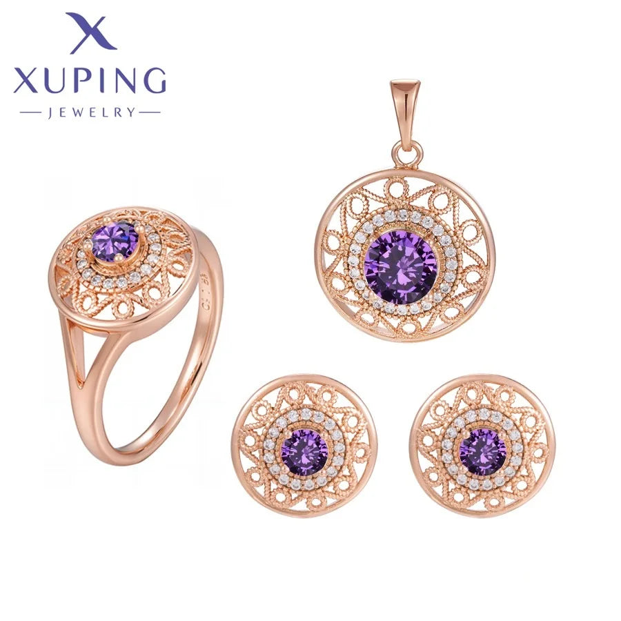 62412-A6 XUPING Jewelry Rose Color Gold Plated Pendant Earring Ring 4 Piece Jewelry Set