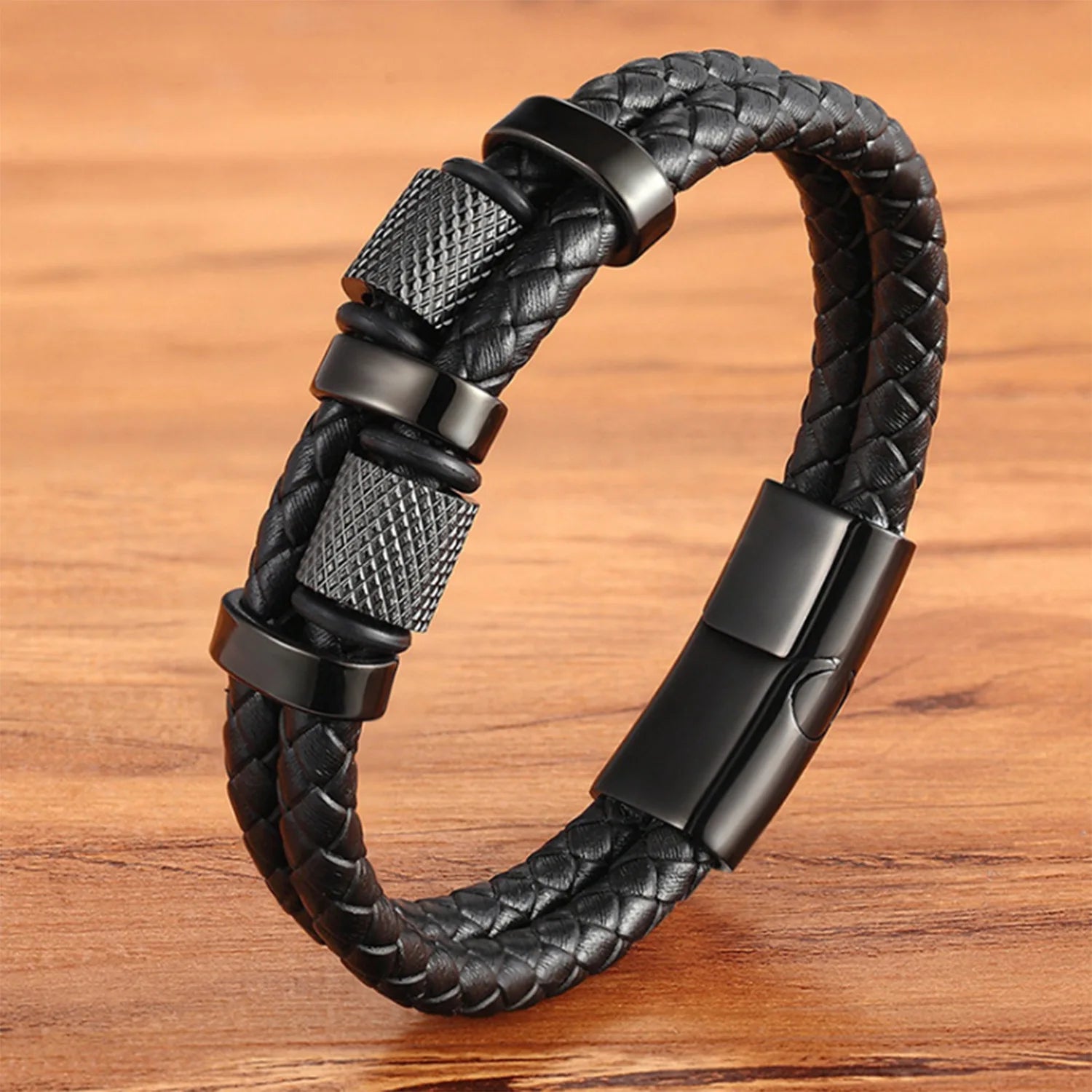 Irregular Pattern Shape Men's Fashion Stainless Steel Leather Bracelet Custom 3 Colors Classic For Boys Men Gift