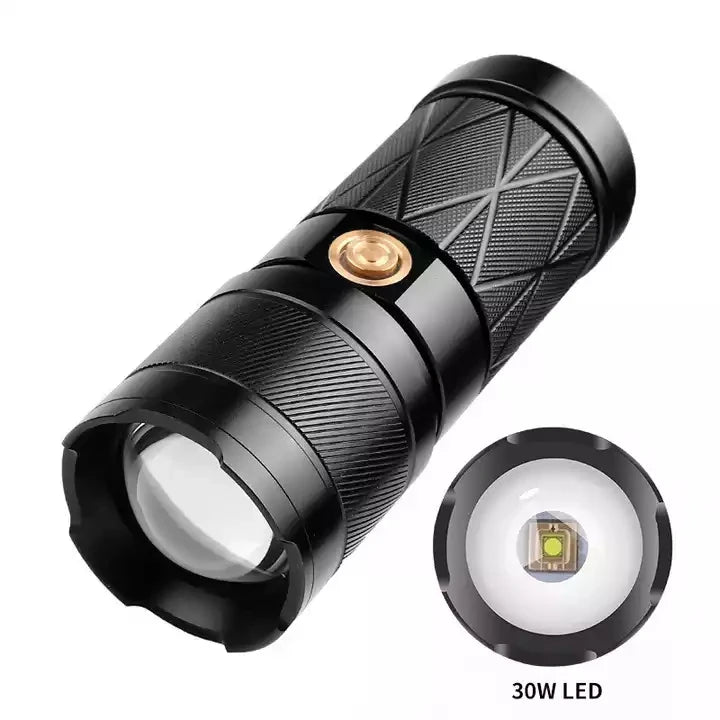 High Power 30wled+1*led Long Range Telescopic With Strong Light Focus Type-c Smart Charging With Power Bank Function Flashlight