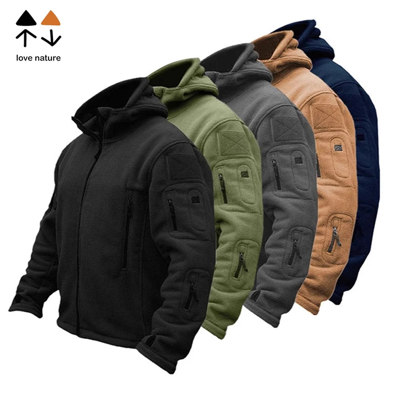 Custom Men's Outdoor Winter Zip Warm Solid Color Sports Tactical Polar Fleece Soft Shell Jacket Hooded Breathable Knitted
