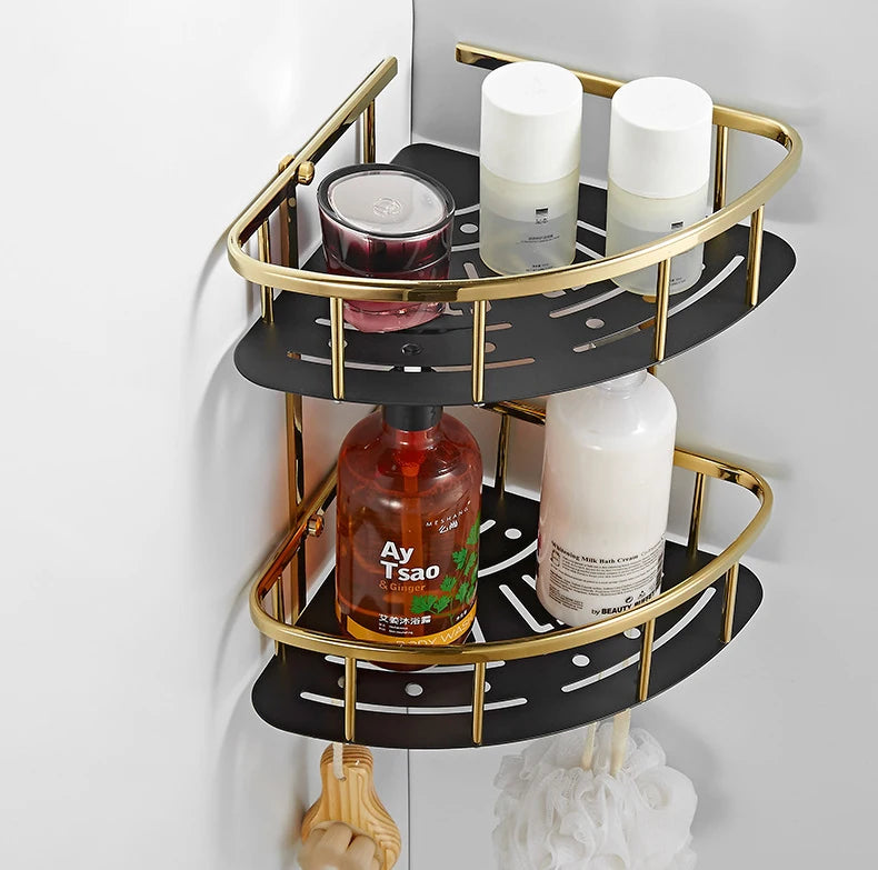 Dual Tier Modern Eco-Friendly Steel Black Gold Bathroom Corner Shower Caddy Rack