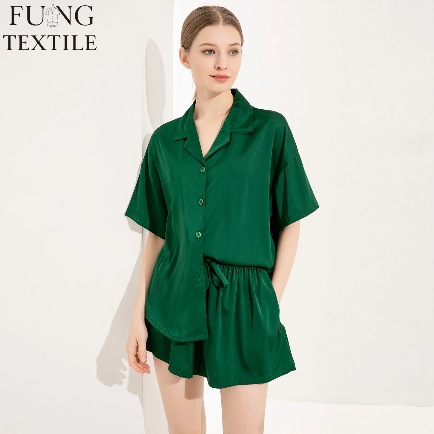 FUNG 6035 Womens Nightwear Women Silk Satin Pajamas Set Two-Piece Sleepwear Loungewear Button-Down Sets
