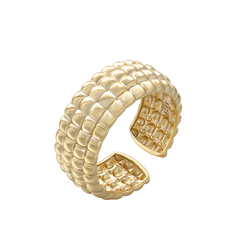 925 Sterling Silver Trendy Geometric Open Design Adjustable Chunky Woven Twisted 18K Gold Plated Ring for Women