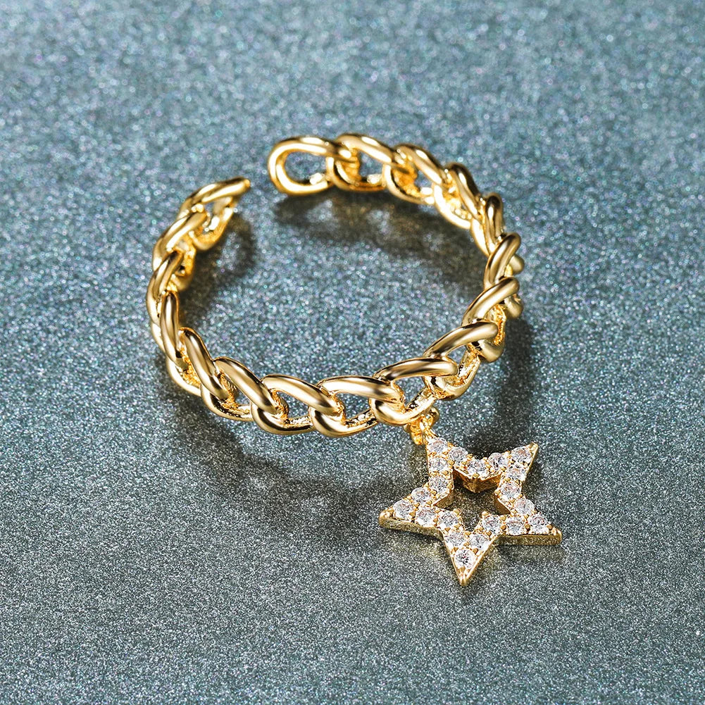 Hot Fashion Gold Plated Twist Hollow Adjustable Ring Trendy Classic Charm Star Heart Diamond Ring for Women