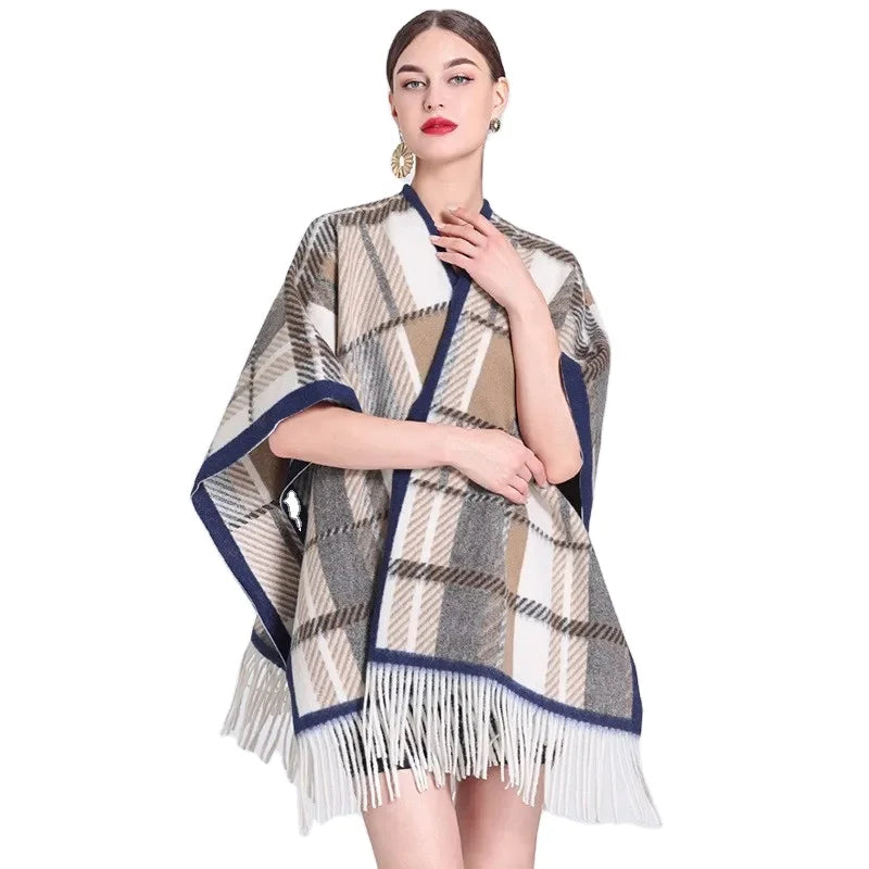 Winter Fashion Warm Women Cloak Coat Elegant Multicolor Popular Plaid Tassels Woolen Cardigan Loose Plus Size Cape Poncho