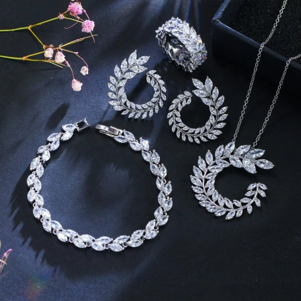 2022 4pcs Korean Leaf High Quality Zircon Necklace Luxury Marquise Bridal Wedding Jewelry Set for Women Lady Anniversary Gift