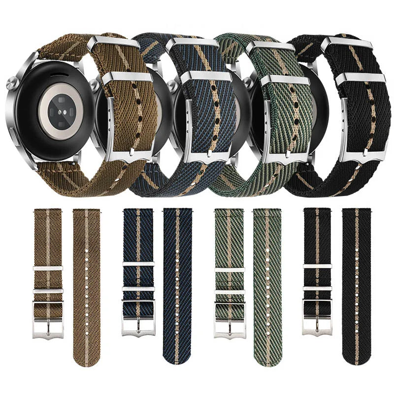 Custom Logo Two Pieces Universal Striped Nylon Canvas Watch Strap 20mm 22mm Adjustable Braided Twill Nylon Watch Bands Wholesale