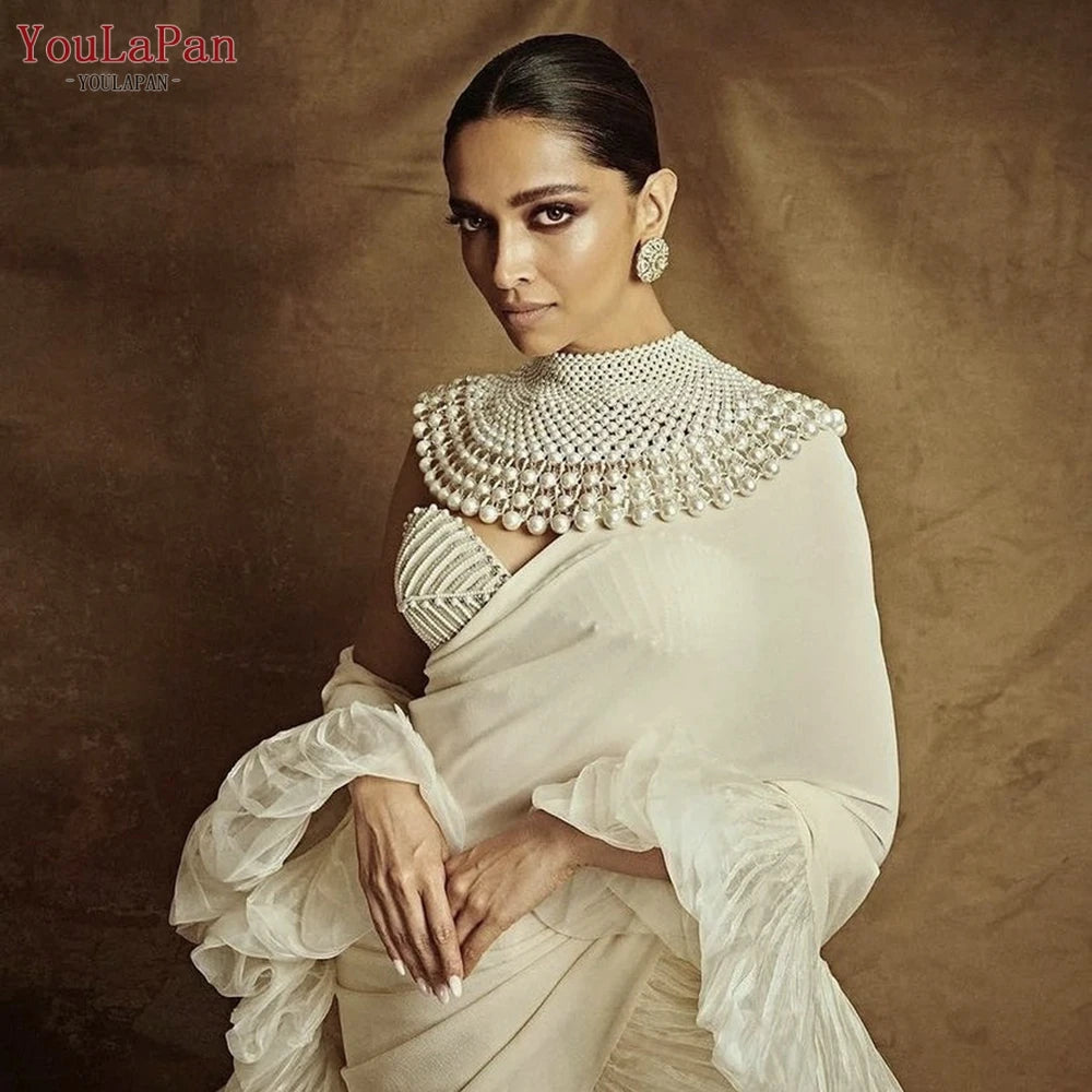 YouLaPan VG68 Handmade Multi Layered Pearl Chain Large Necklace with Extender Chain Free Size Women Dress Beaded Shawl Cape