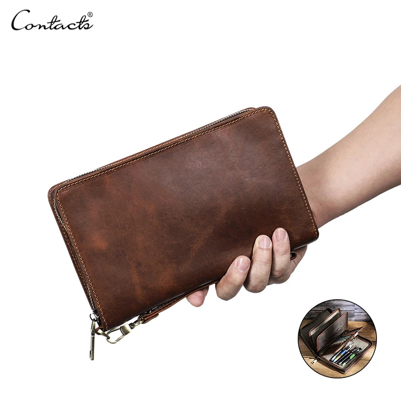 Custom Men's Vintage Crazy Horse Oil Leather Clutch Purse Bag with Detachable Strap Multi-Compartment Wrist Bag