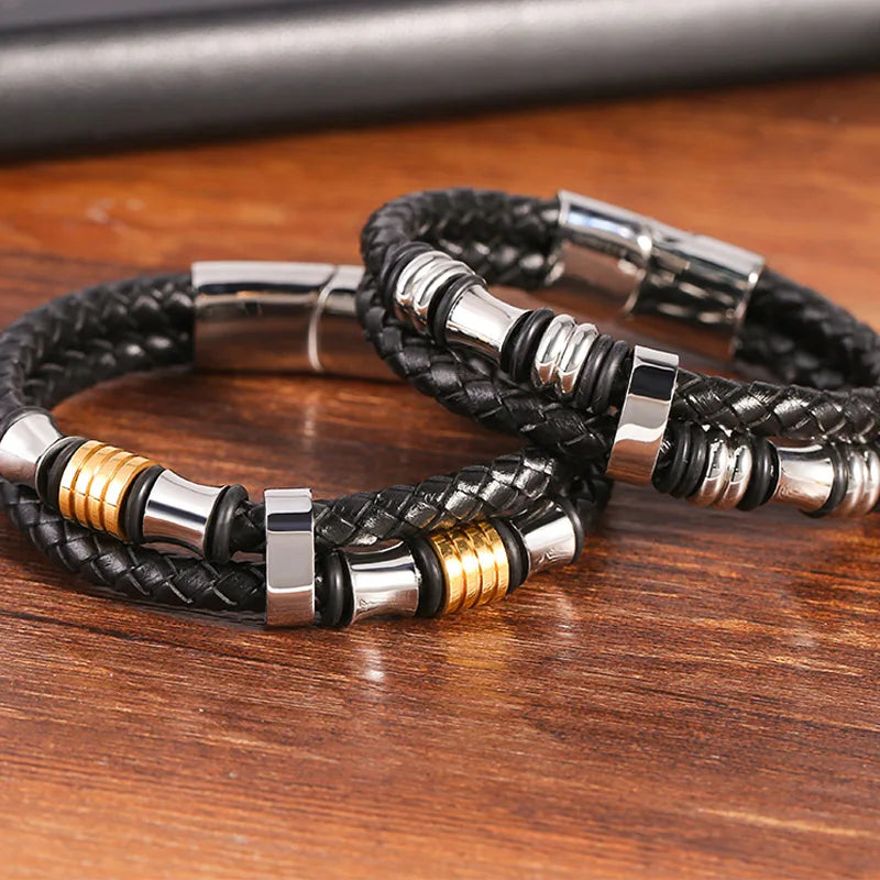 19cm 21cm Adjustable Luxury Braided Leather Bangle Premium Quality Genuine Leather Bracelet Stainless Steel Clasp Men Jewelry