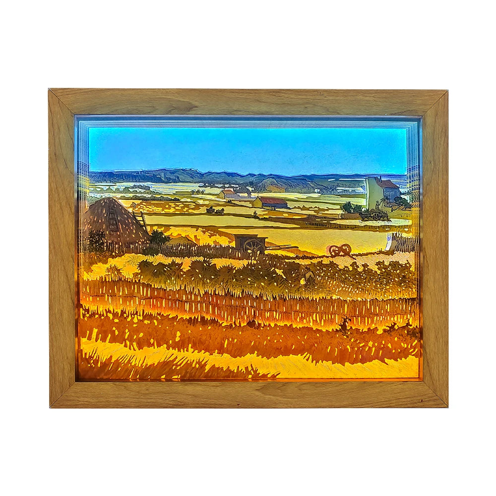 Wall Art Decor Van Gogh Painting Harvest 3D Paper Carving Shadow Box Framed Led Night Light Gift for Home Decor