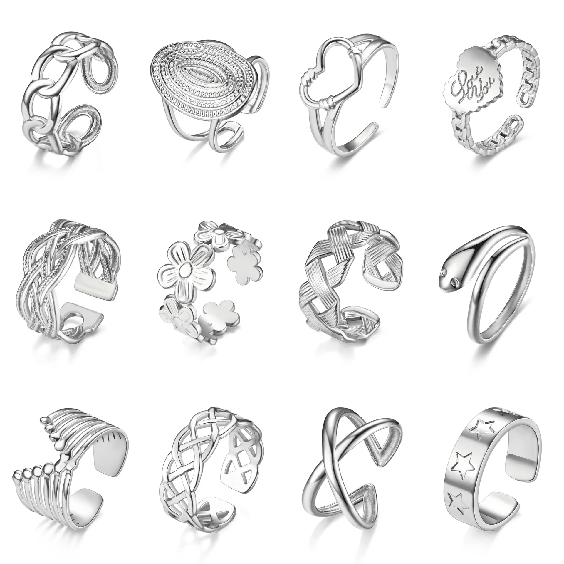 Trendy Stainless Steel Rings for Women Flower Heart Adjustable Finger Ring Fashion Party Jewelry Geometric Aesthetic Open Ring