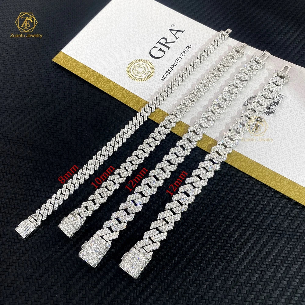 Custom 8mm 10mm 12mm Hip Hop Iced Out Jewelry Pass Diamond Tester 925 Sterling Silver VVS1 Moissanite Cuban Link Bracelet