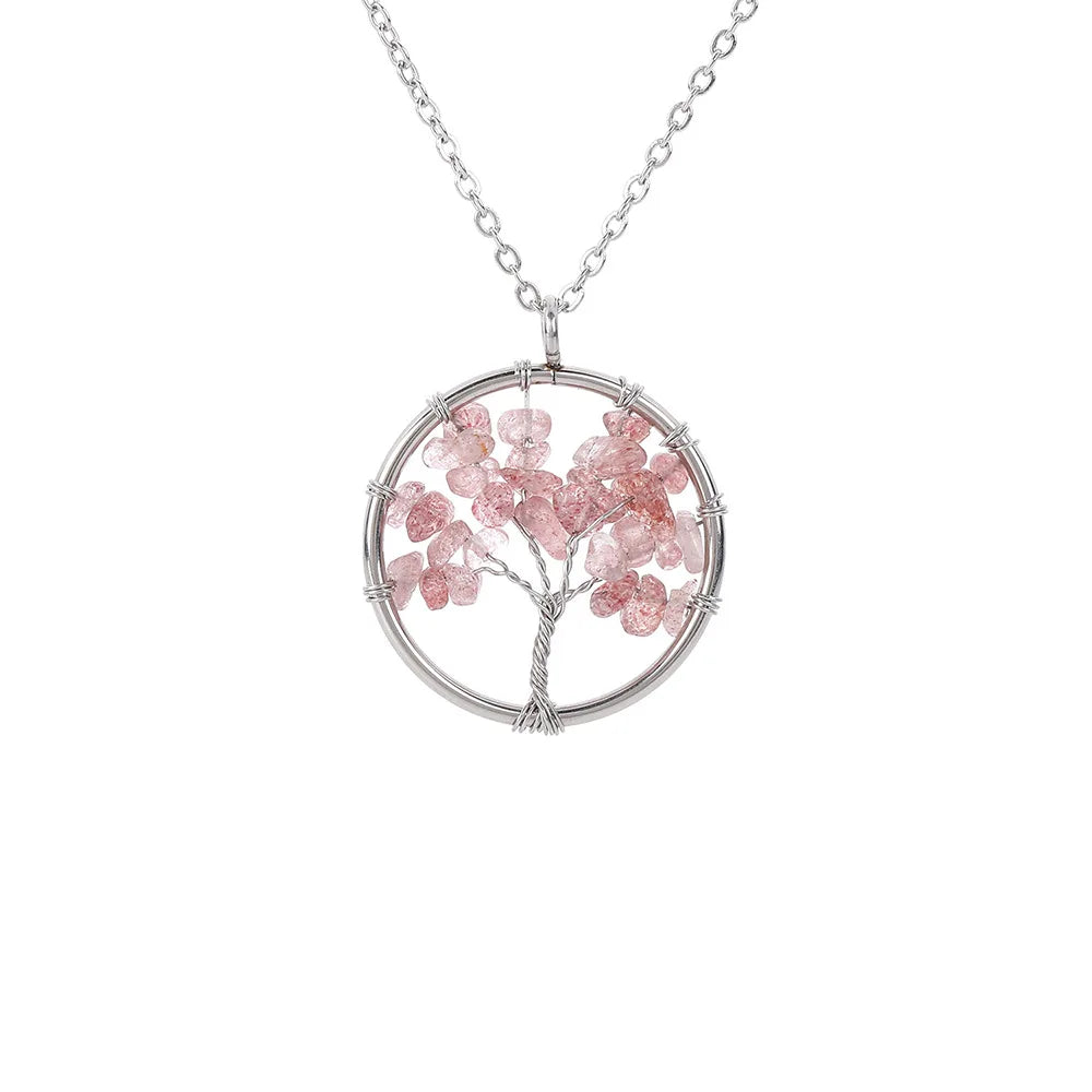 Hongzhuo Hot Sale 7 Chakra Strawberry Quartz Tree of Life Natural Tumbled Gemstone Wire Wrapped Pendant Necklace Jewelry Jewelry