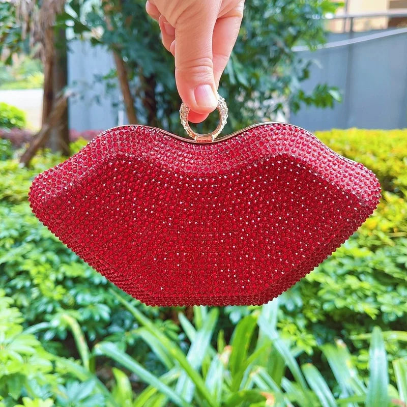 New Arrival Fashion Bling Rhinestone Clutch Bag Handbag Women Silver Lip Shape Purse Bag