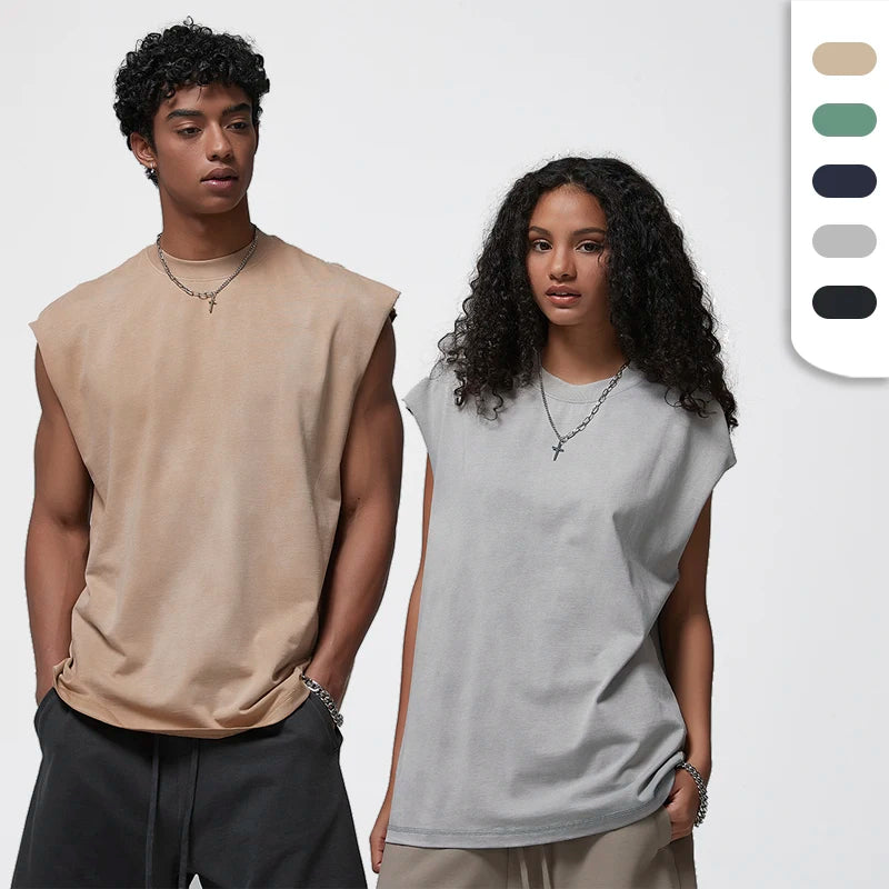 100% Cotton 250g Acid Washed Distressed Oversized Vest for Men Vintage Gym Tank Top Breathable Knitted Sleeveless Street Wear
