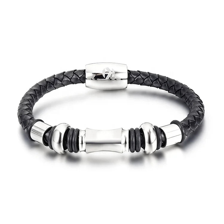 Wholesale Luxury Jewelry Stainless Steel Magnetic Clasps Braided Black Leather Bracelet Men