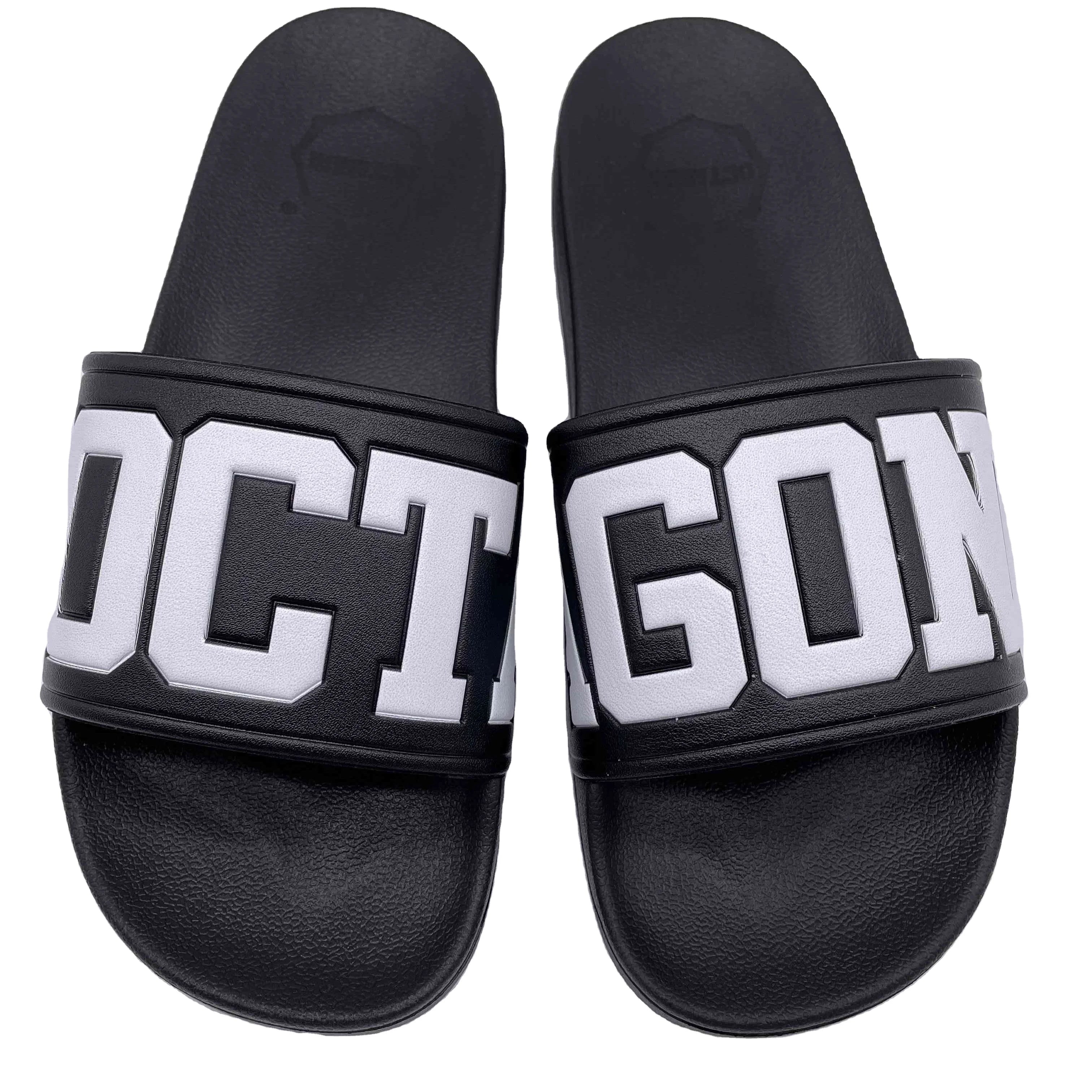 Factory Wholesale Men's Summer Slides Sandal Quick-Drying Striped Big Logo Raised Slide with Anti-Slip Feature for Winter
