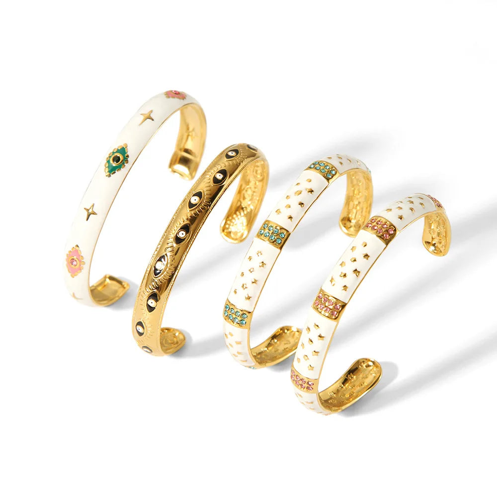 2024 Vintage White Enameled Star Eye Zircon Bangles 18k Gold Plated Stainless Steel Drop Oil Opening Cuff Bracelets for Women