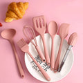 Manjia Pink Silicone Kitchen Cooking Baking Pastry BBQ Tools Set Slotted Turner Tongs Whisk Non Stick Spoon Scraper Egg Beater