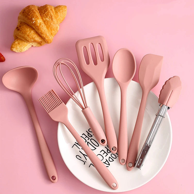 Manjia Pink Silicone Kitchen Cooking Baking Pastry BBQ Tools Set Slotted Turner Tongs Whisk Non Stick Spoon Scraper Egg Beater